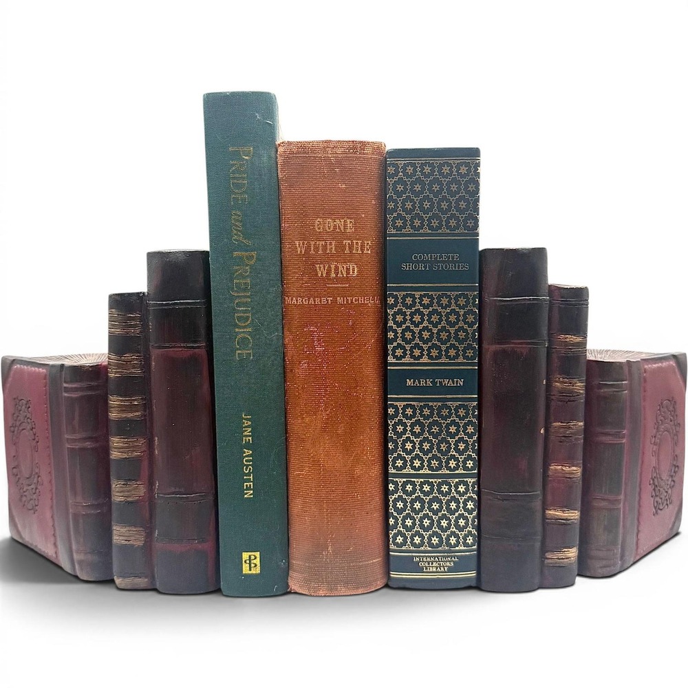 Vintage Faux Book Bookends Pair Heavy Resin Burgundy Dark Academia Library Decor